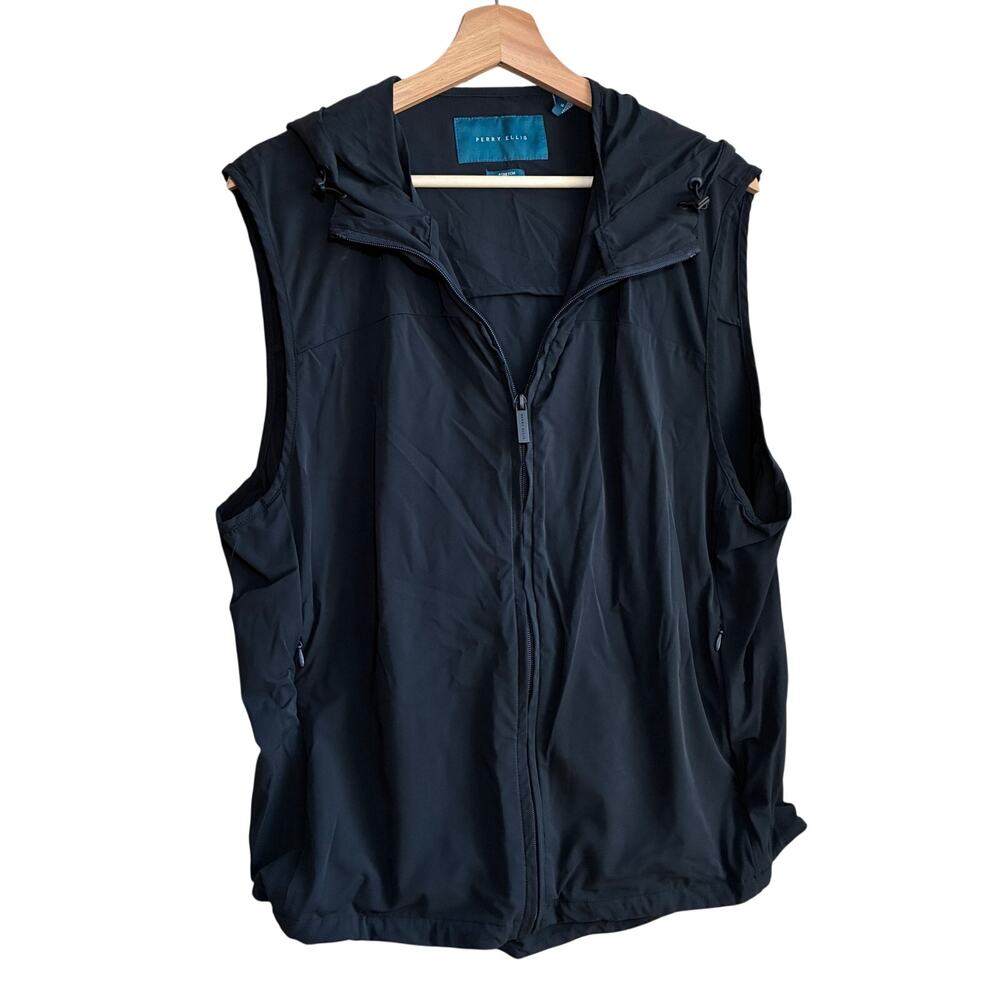 Perry Ellis black stretch nylon sleeveless full zip vest with hood men's large